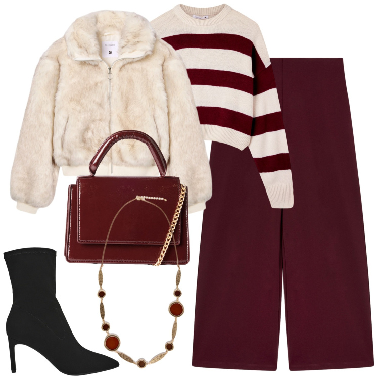 Outfit donna - City. Stile Urban per Tutti i giorni. Abbinamento con pantaloni culotte, maglieria, stivali, ecopellicce, borse a tracolla, collane.