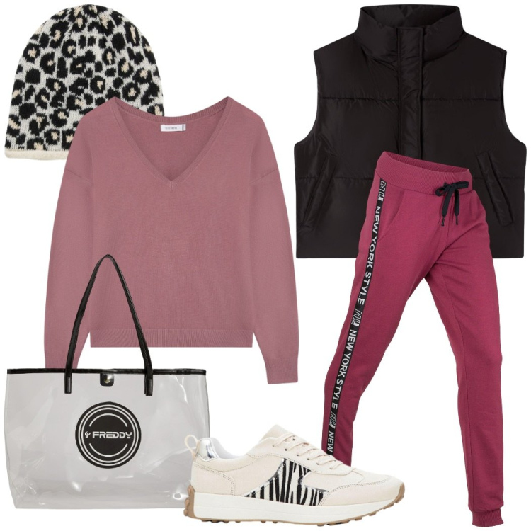 Outfit donna - Sporty chic. Stile Sporty chic per Tutti i giorni. Abbinamento con pantaloni, sneakers, berretti, maglieria, piumini, shopping bag.