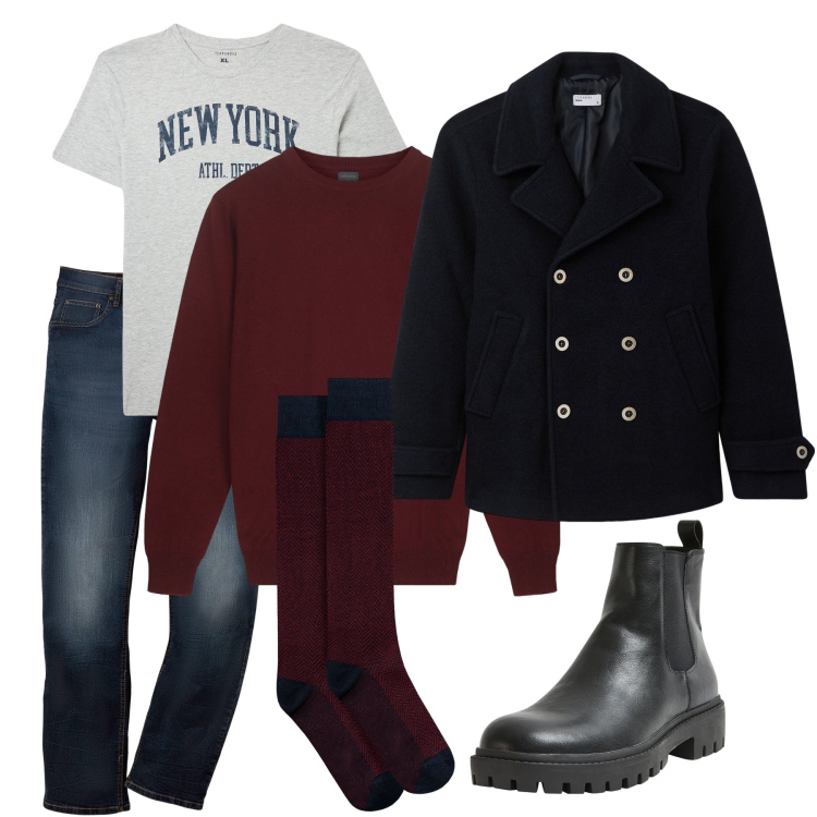 Outfit uomo - Profondo rosso. Stile Casual per Tutti i giorni. Abbinamento con jeans dritti, t-shirt, stivali e stivaletti, cappotti, maglieria, calzini.