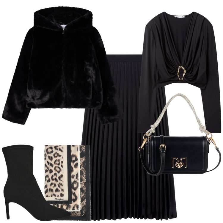 Outfit donna - Black. Stile Minimal per Tutti i giorni. Abbinamento con maglieria, ecopellicce, stivali, gonne lunghe, borse a mano, foulard.