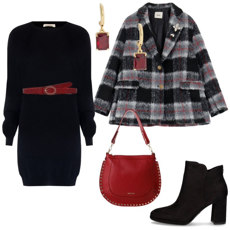 Outfit donna - Giacca quadri. Stile Casual per Tutti i giorni. Abbinamento con cinture, vestiti corti, borse a spalla, blazer, orecchini, stivaletti.