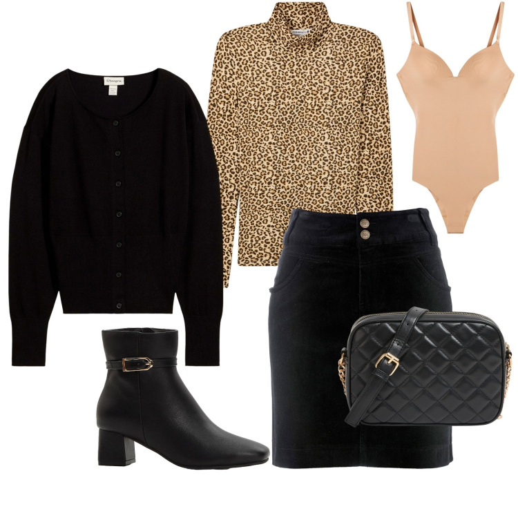 Outfit donna - Un pizzico di animalier. Stile Chic per Tutti i giorni. Abbinamento con gonne lunghe, cardigans, stivaletti, borse a tracolla, t-shirt, body.