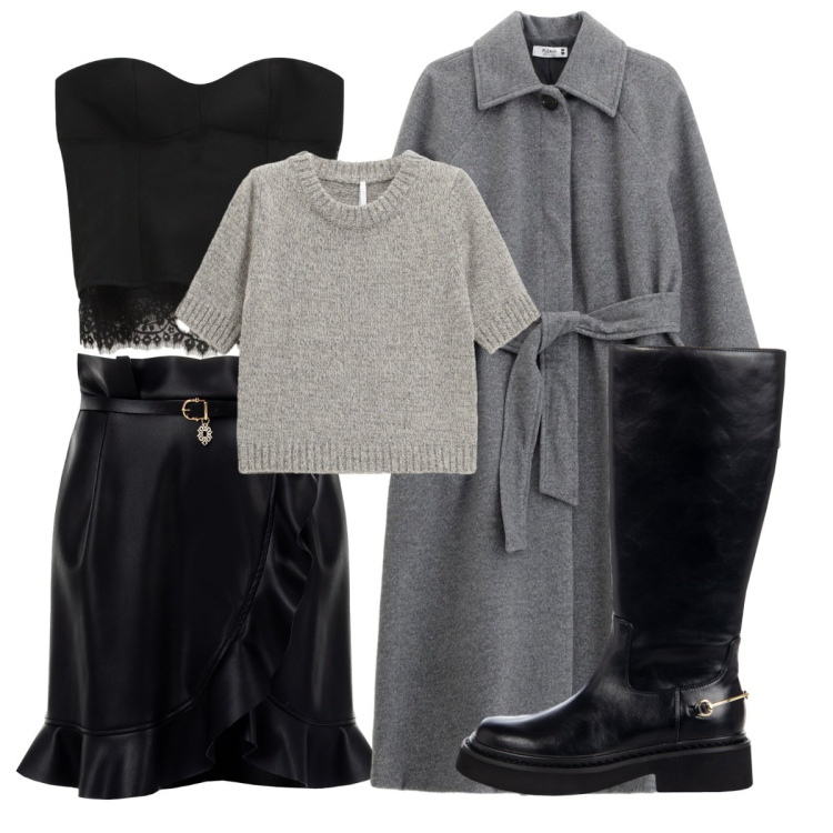 Outfit donna - Total look #2267594. Stile Casual chic Abbinamento con stivali sopra il ginocchio, minigonne, cappotti, maglieria, top.