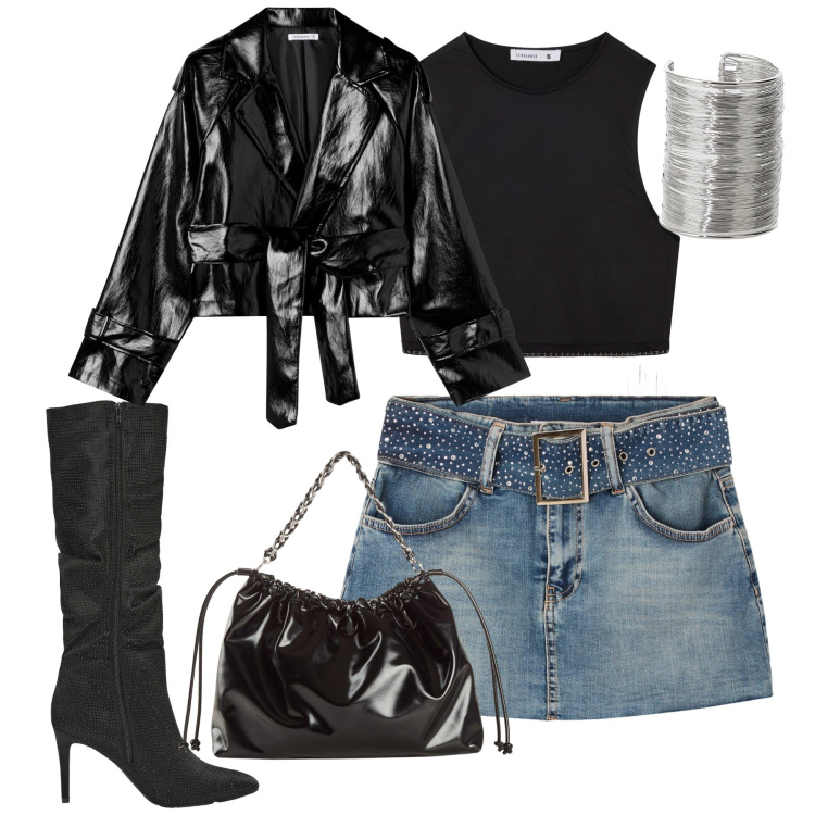 Outfit donna - Serata. Stile Sexy per Serata fuori. Abbinamento con shopping bag, top, stivali, minigonne, giacche, braccialetti.