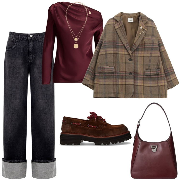 Outfit donna - Blazer oversize con spille. Stile Casual per Tutti i giorni. Abbinamento con blazer, jeans, ciondoli, borse a spalla, bluse, mocassini.