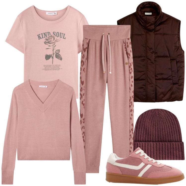 Outfit donna - Tono su tono. Stile Sporty chic per Scuola/Università. Abbinamento con piumini, sneakers, t-shirt, maglieria, berretti, pantaloni.