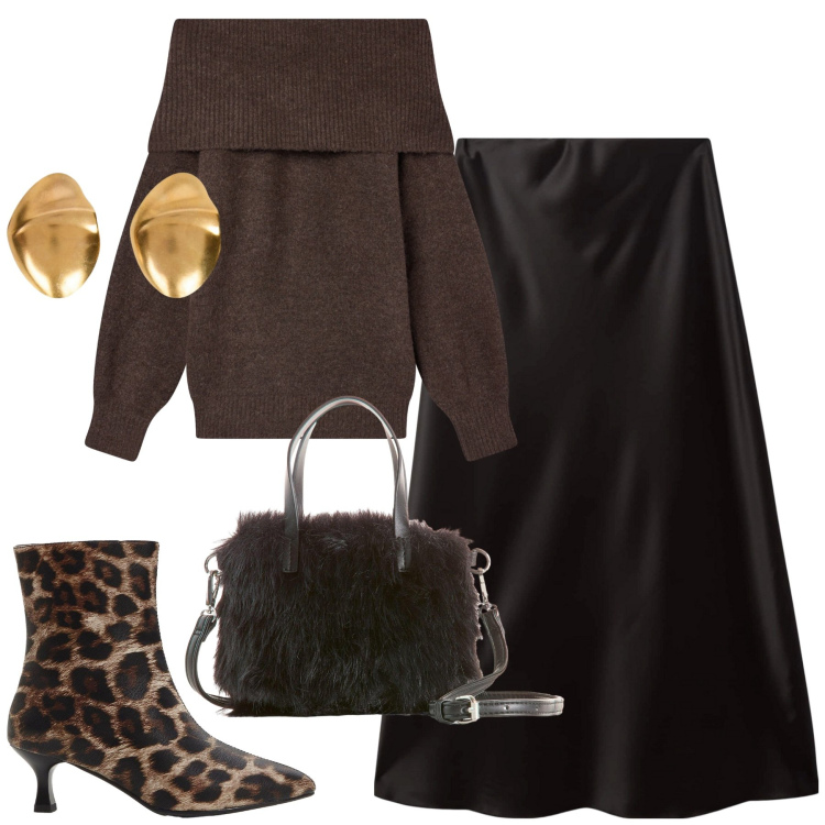 Outfit donna - City. Stile Trendy per Tutti i giorni. Abbinamento con borse a mano, stivaletti, gonne lunghe, maglieria, orecchini.