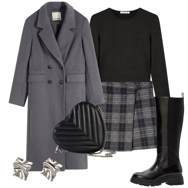 Outfit donna - City. Stile Urban per Tutti i giorni. Abbinamento con borse a tracolla, cappotti, stivali, minigonne, t-shirt, orecchini.