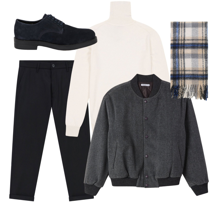 Outfit uomo - La luce del bianco. Stile Urban per Ufficio. Abbinamento con bomber, pantaloni, sciarpe, scarpe stringate, maglieria.