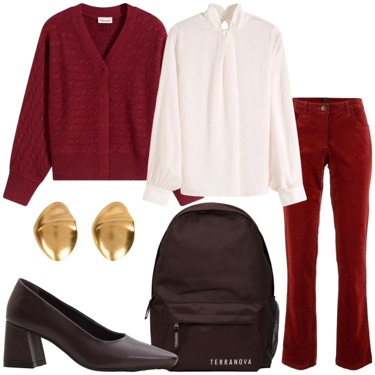 Outfit donna - Il rosso scuro per la giornata. Stile Casual chic per Tutti i giorni. Abbinamento con pantaloni, décolleté, cardigans, bluse, zaini, orecchini.