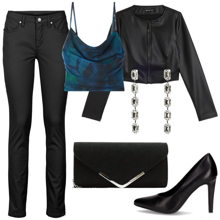 Outfit donna - Giacca pelle pantaloni skinny. Stile Sexy per Serata fuori. Abbinamento con jeans skinny, pochette, orecchini, canottiere, giacche, décolleté.
