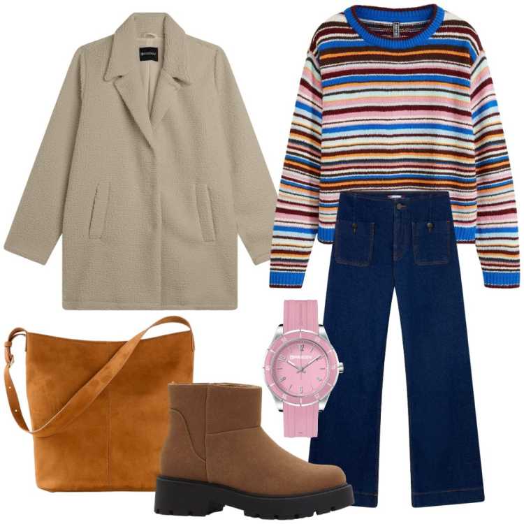 Outfit donna - Lezione all\' università. Stile Casual per Scuola/Università. Abbinamento con maglieria, borse a mano, stivaletti, jeans, cappotti, orologi.