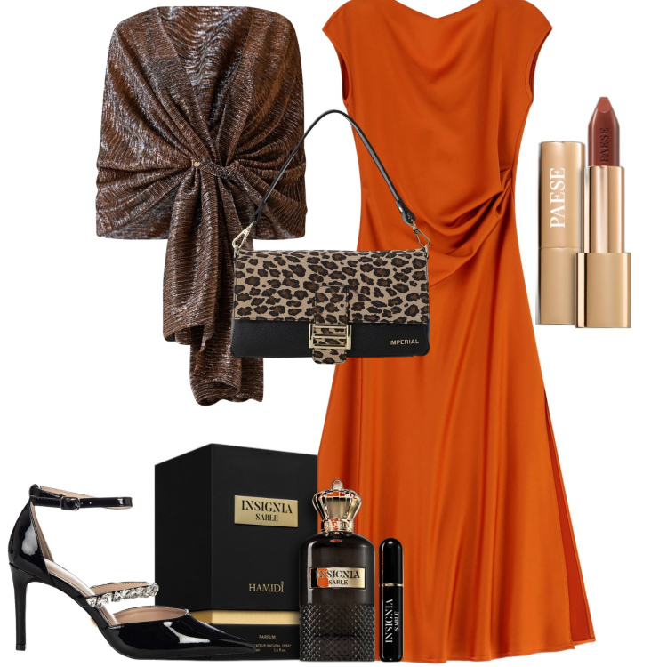 Outfit donna - Imperial. Stile Trendy per Serata fuori. Abbinamento con rossetti, profumi, stole, décolleté, vestiti lunghi, borse a spalla.