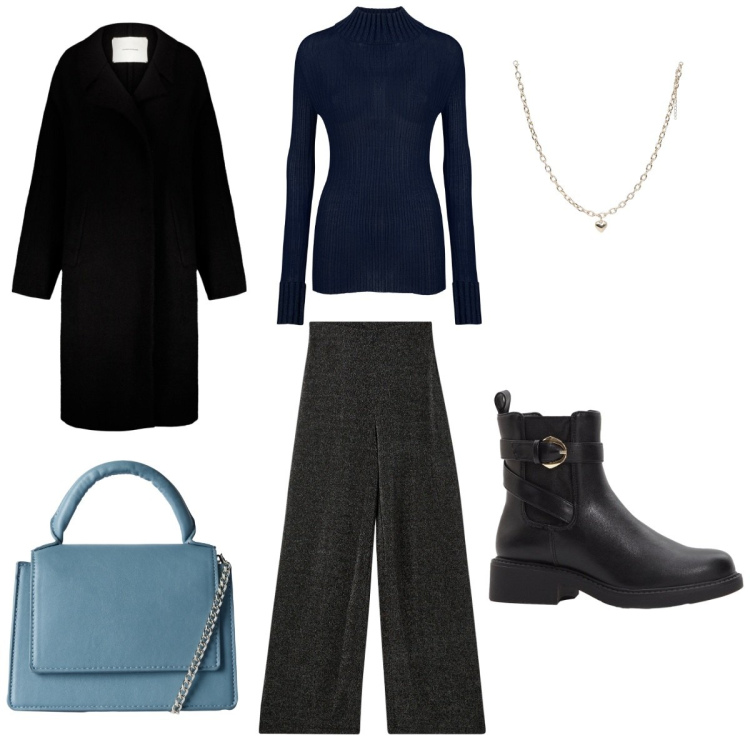Outfit donna - Total look #2267610. Stile Casual chic per Ufficio. Abbinamento con stivaletti chelsea, pantaloni, collane, borse a tracolla, cappotti, maglieria.
