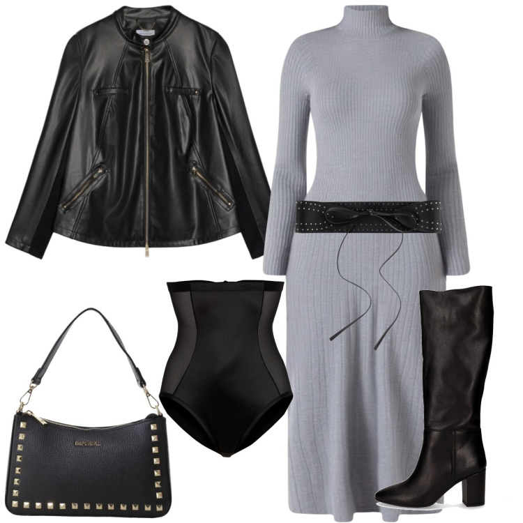 Outfit donna - Grigio e nero. Stile Casual chic per Serata fuori. Abbinamento con slip, cinture, vestiti midi/longuette, pochette, stivali, giacche.