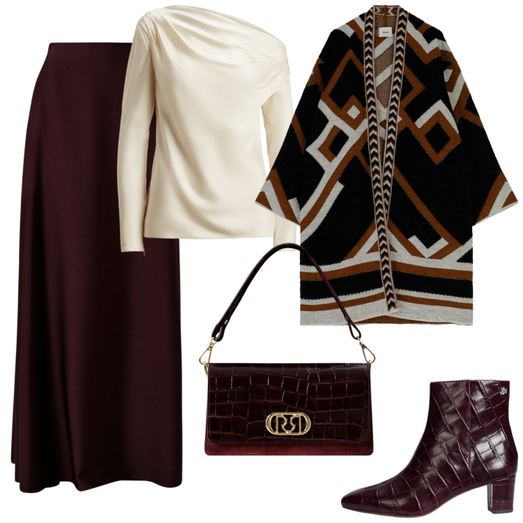 Outfit donna - Cardigan con gonna lunga. Stile Casual chic per Serata fuori. Abbinamento con cappe, gonne lunghe, borse a mano, stivaletti, bluse.