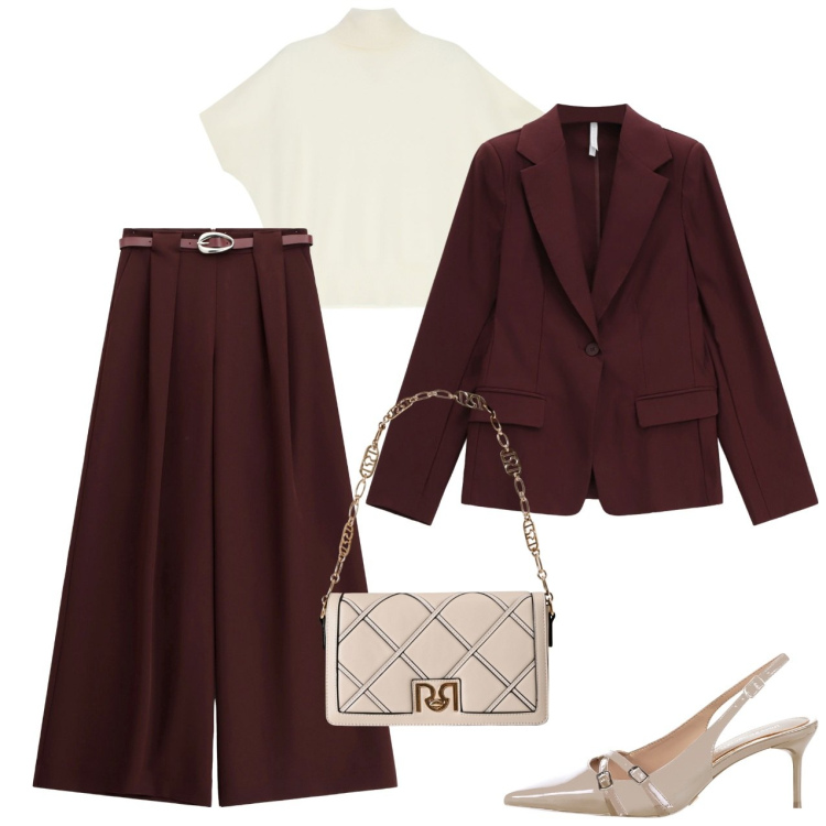 Outfit donna - Giacca e pantalone. Stile Casual chic per Serata fuori. Abbinamento con décolleté, borse a tracolla, pantaloni a palazzo, maglieria, blazer.