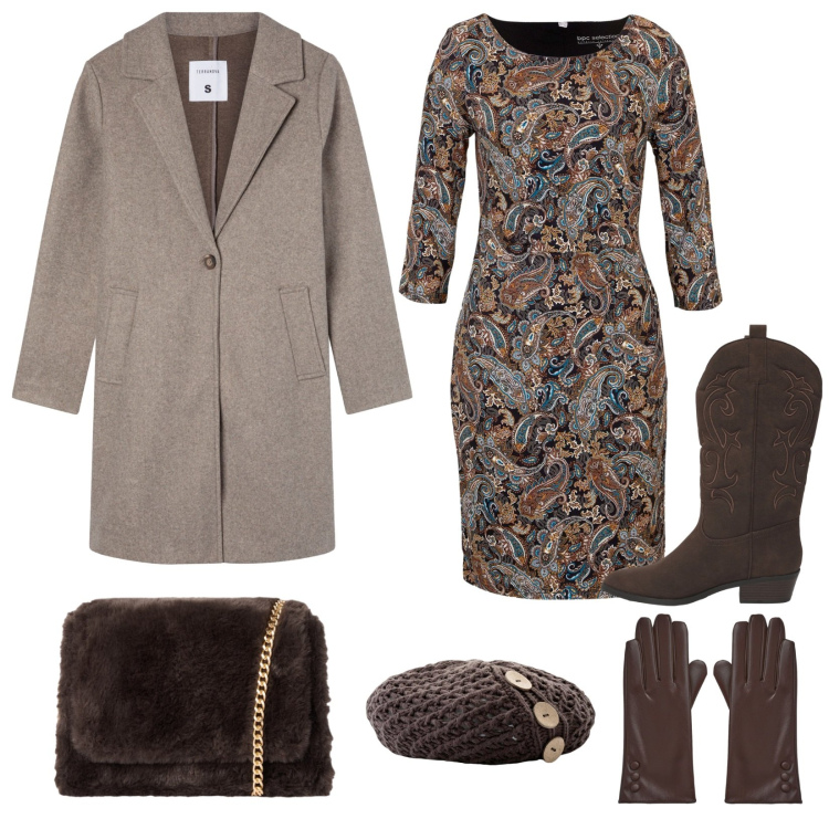 Outfit donna - Total look #2267633. Stile Boho per Tutti i giorni. Abbinamento con berretti, vestiti, cappotti, borse a tracolla, guanti, stivaletti texani.