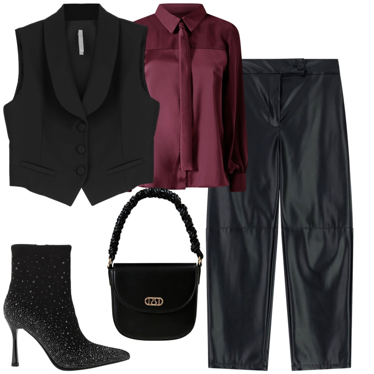 Outfit donna - City. Stile Trendy per Serata fuori. Abbinamento con camicie, borse a mano, gilet, pantaloni, stivaletti.