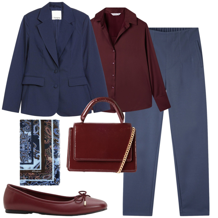 Outfit donna - Blu e bordeaux. Stile Trendy per Tutti i giorni. Abbinamento con ballerine, blazer, pantaloni chino, borse a tracolla, camicie, foulard.