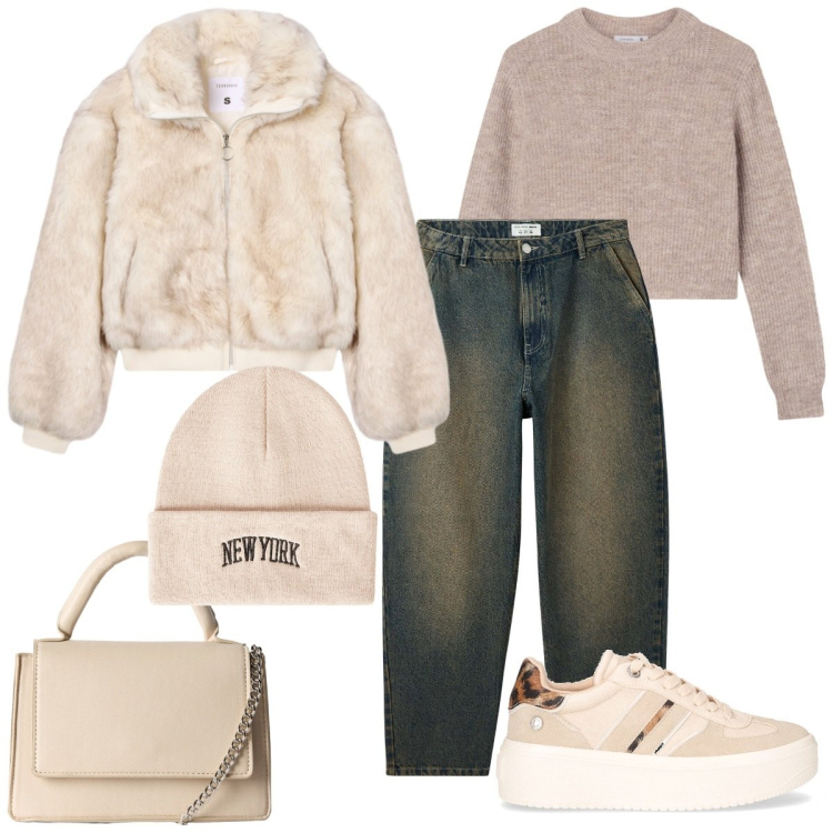 Outfit donna - Autunno. Stile Casual chic per Tutti i giorni. Abbinamento con jeans, borse a tracolla, maglieria, ecopellicce, berretti, sneakers.