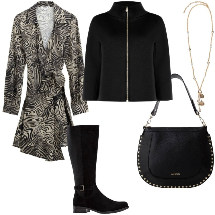 Outfit donna - Vestito zebrato. Stile Casual chic per Serata fuori. Abbinamento con stivali, vestiti corti, cappe, borse a spalla, ciondoli.