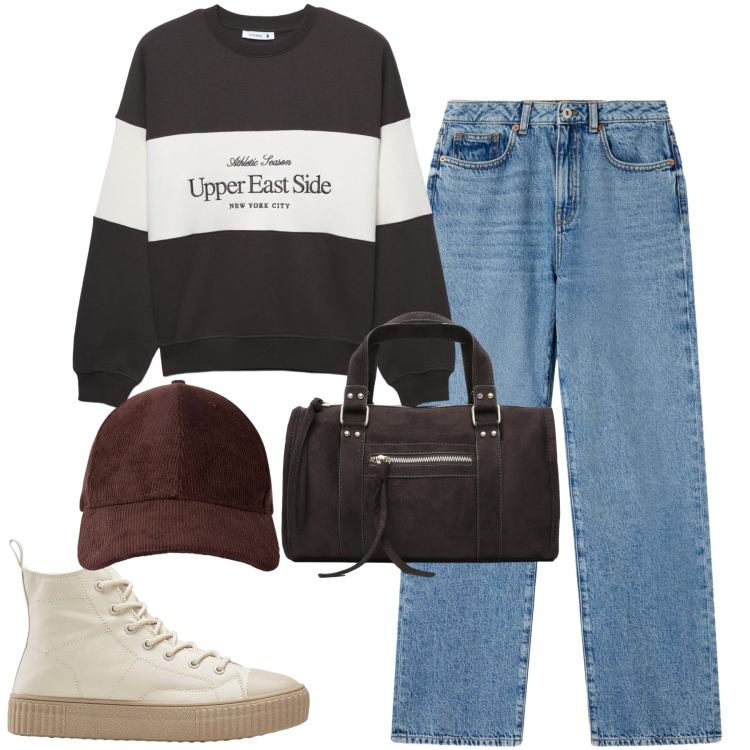 Outfit donna - Stile college. Stile Casual per Tutti i giorni. Abbinamento con sneakers alte, felpe sportive, jeans dritti, borse a mano, cappelli con visiera.
