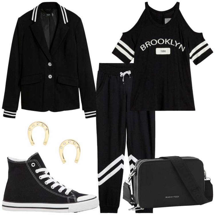 Outfit donna - Black. Stile Sporty chic per Tutti i giorni. Abbinamento con blazer, pantaloni, borse a tracolla, sneakers alte, maglieria, orecchini.