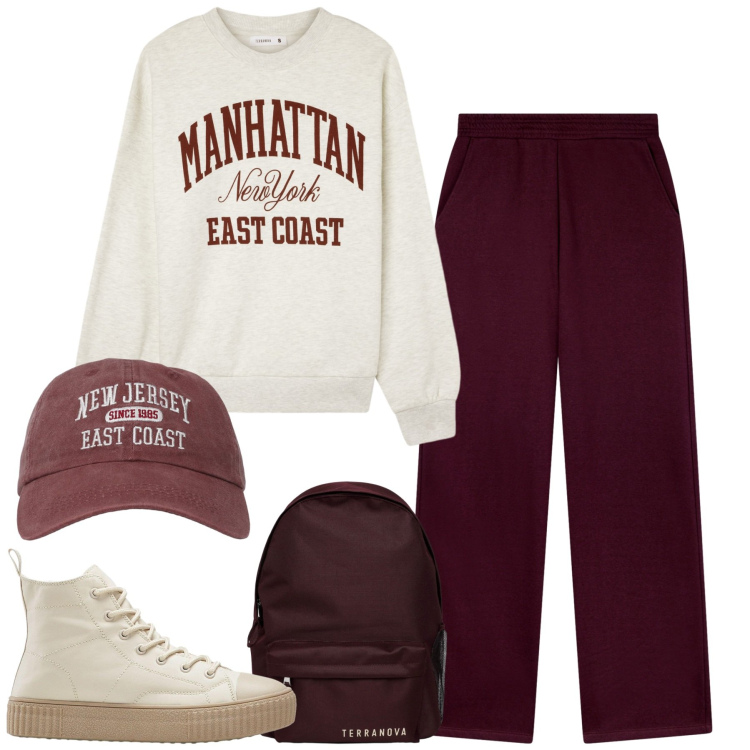 Outfit donna - College. Stile Casual per Tutti i giorni. Abbinamento con sneakers alte, zaini, cappelli con visiera, pantaloni, felpe.