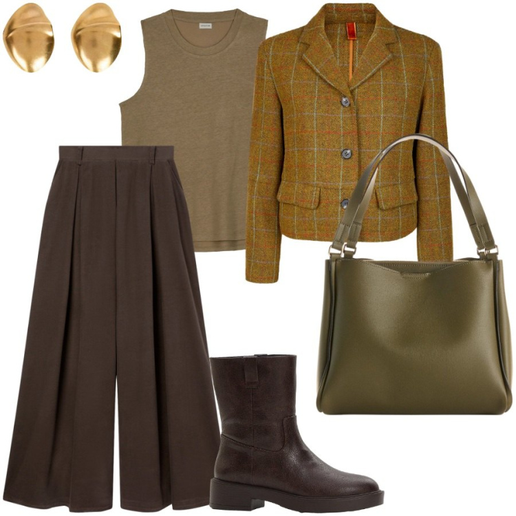 Outfit donna - Total look #2267646. Stile Casual chic per Ufficio. Abbinamento con stivaletti, borse a mano, pantaloni, orecchini, blazer, top.