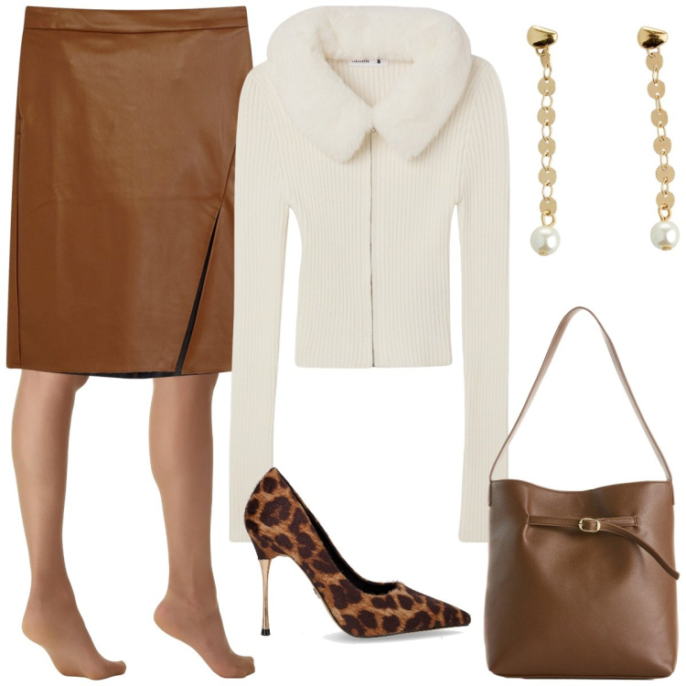 Outfit donna - Serata tra amiche. Stile Trendy per Serata fuori. Abbinamento con borse a mano, gonne longuette, orecchini, cardigans, collant, décolleté.