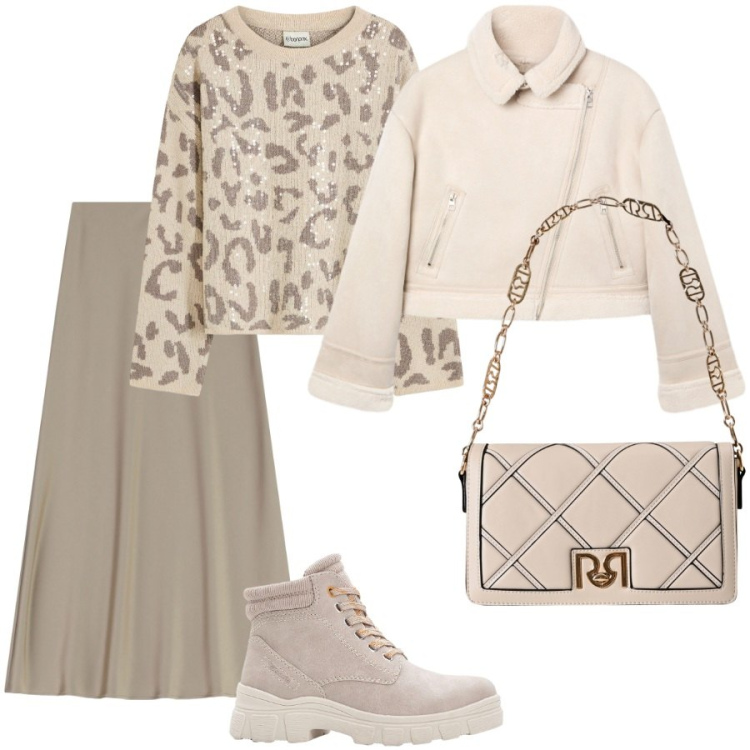 Outfit donna - Paliettes animalier. Stile Casual chic per Ufficio. Abbinamento con maglieria, stivaletti, giacche, borse a tracolla, gonne lunghe.