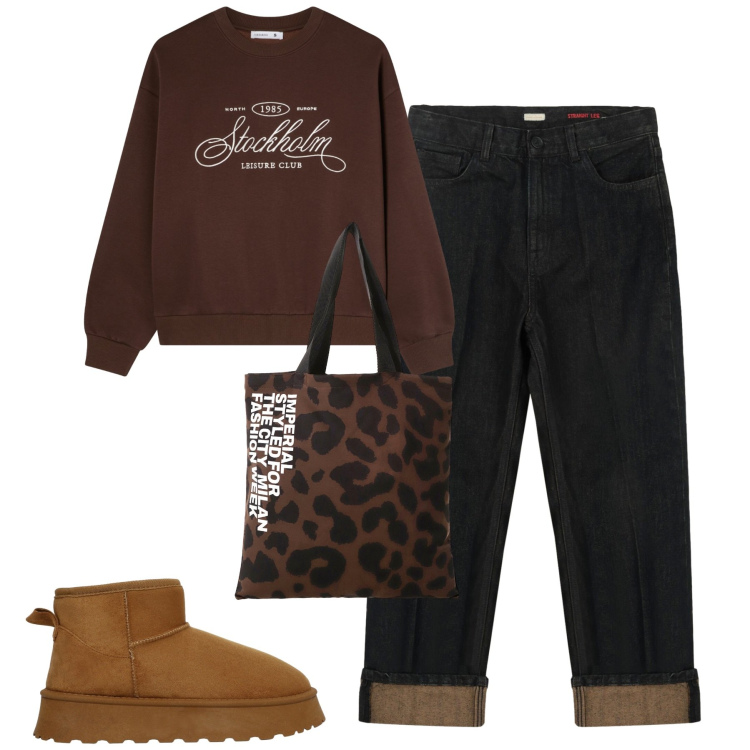 Outfit donna - City. Stile Casual per Tutti i giorni. Abbinamento con felpe, stivali, shopping bag, jeans dritti.