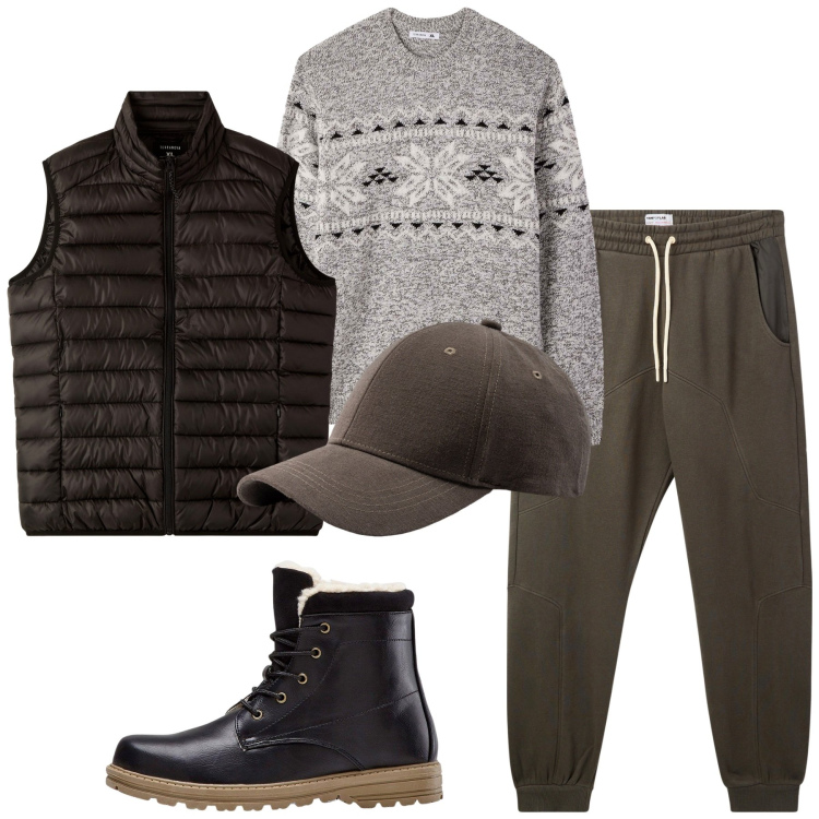 Outfit uomo - Weekend in campagna. Stile Casual per Tutti i giorni. Abbinamento con stivali e stivaletti, pantaloni, piumini, maglieria, cappelli con visiera.
