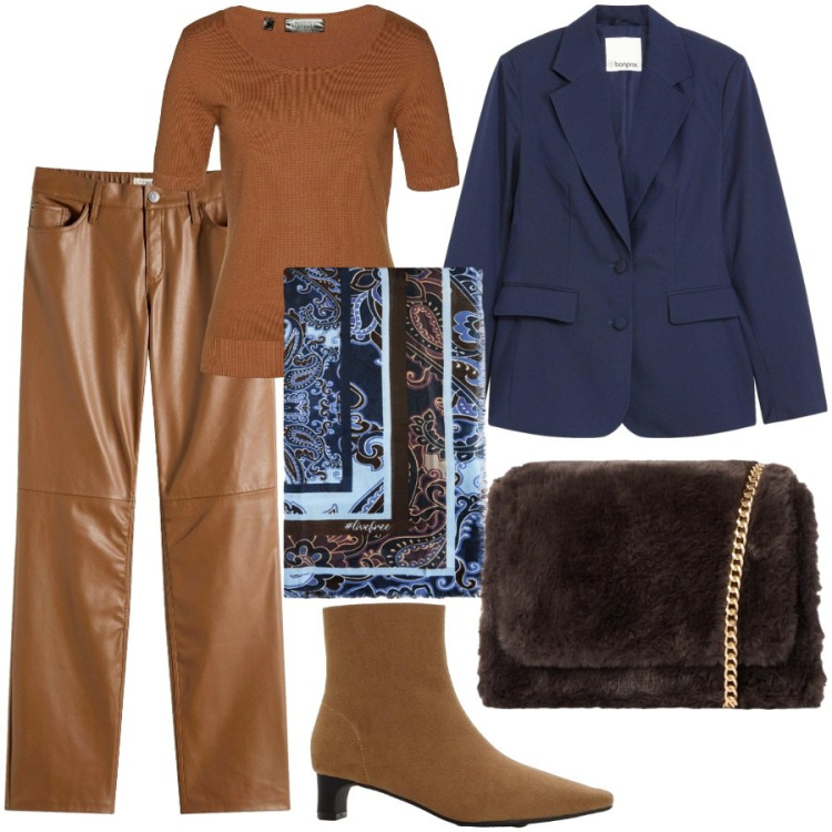 Outfit donna - Mix di tessuti. Stile Casual chic per Ufficio. Abbinamento con maglieria, pantaloni, blazer, stivaletti, borse a tracolla, foulard.