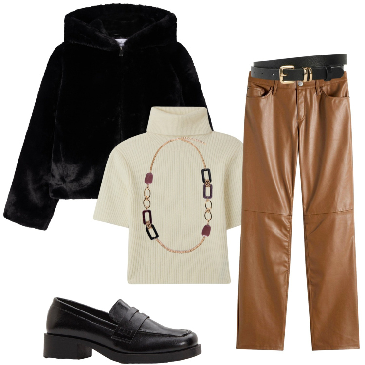 Outfit donna - Aperitivo. Stile Casual per Tutti i giorni. Abbinamento con pantaloni, cinture, mocassini, ecopellicce, maglieria, collane.