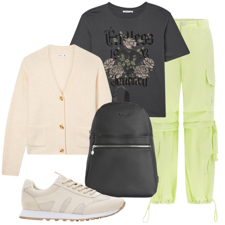 Outfit donna - Total look #2267689. Stile Sporty chic per Tutti i giorni. Abbinamento con sneakers, t-shirt, cardigans, zaini, pantaloni cargo.