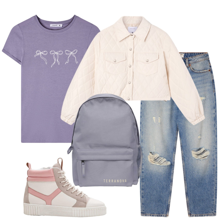 Outfit donna - Total look #2267690. Stile Sporty chic per Sport. Abbinamento con sneakers alte, zaini, jeans mom, giacche, t-shirt.