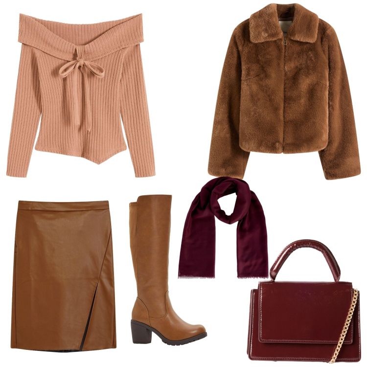 Outfit donna - warm shades of brown. Stile Casual chic per Serata fuori. Abbinamento con gonne longuette, maglieria, stivali, ecopellicce, borse a tracolla, foulard.