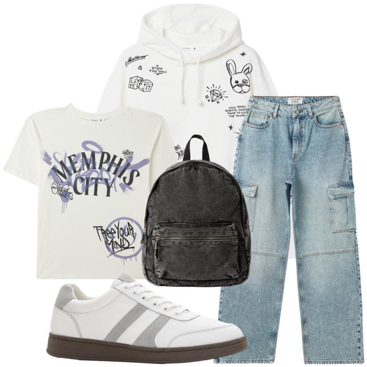 Outfit donna - Total look #2267728. Stile Casual per Tutti i giorni. Abbinamento con sneakers, jeans, t-shirt, zaini, felpe con cappuccio.