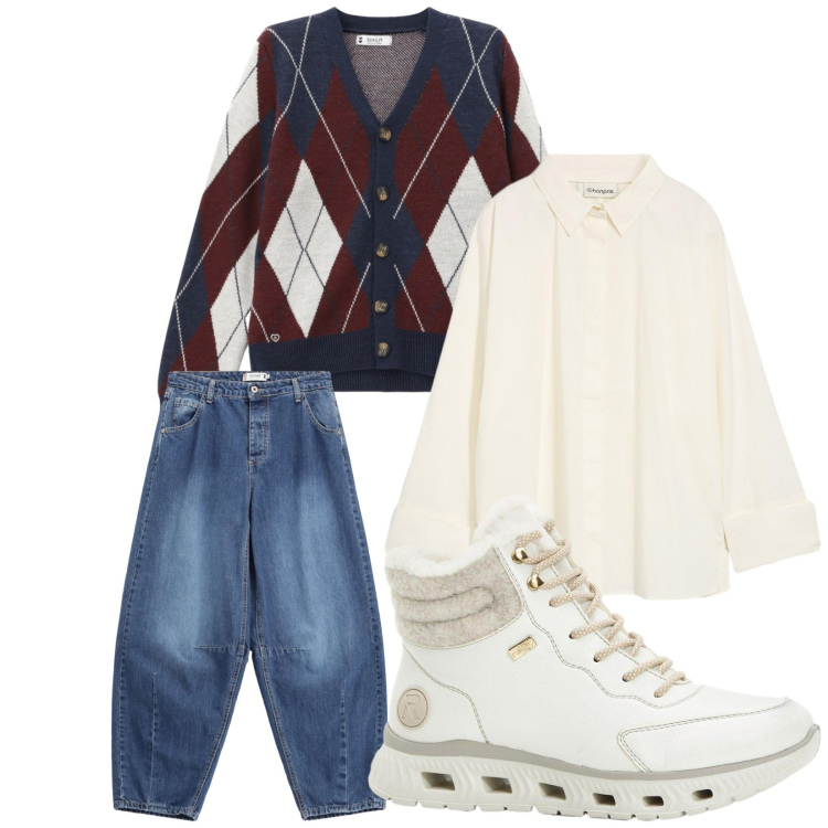 Outfit donna - In ufficio. Stile Casual chic per Ufficio. Abbinamento con stivaletti, bluse, jeans, cardigans.