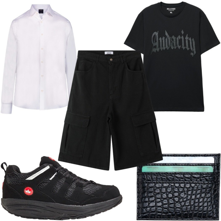 Outfit uomo - Total look #2267735. Stile Trendy per Tutti i giorni. Abbinamento con sneakers, bermuda, t-shirt, camicie, portafogli.
