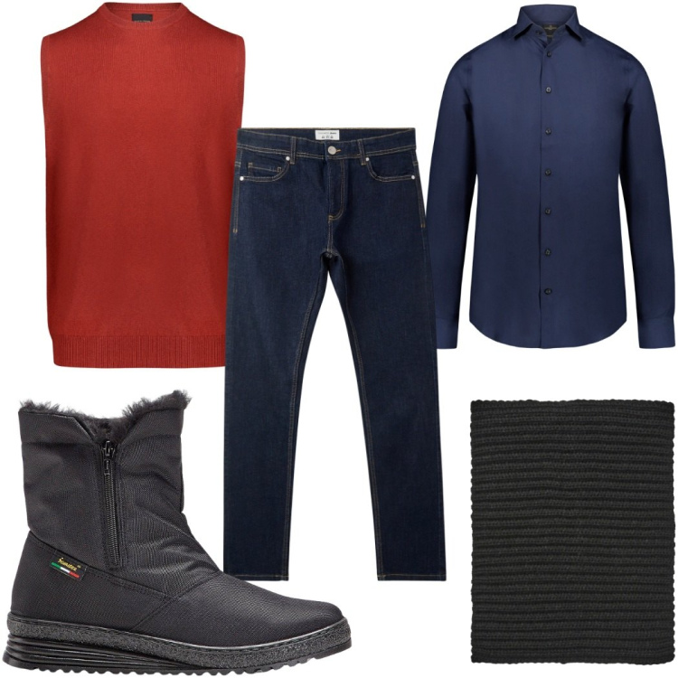 Outfit uomo - Total look #2267737. Stile Casual per Tutti i giorni. Abbinamento con stivali e stivaletti, jeans skinny, scaldacollo, camicie, gilet.