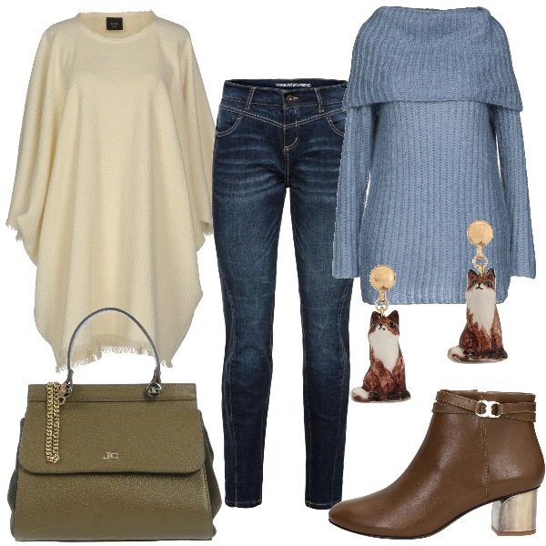 Outfit donna - Gli orecchini in porcellana. Stile Basic per Tutti i giorni. Abbinamento con jeans boyfriend, orecchini con farfallina in ottone, maglioncino in mohair 70% lana, borsa a mano in pelle martellata taglia media con zip interno foderato tinta unita, mantella con frange collo tondo a maniche corte interno sfoderato jacquard, stivaletti in pelle marrone e oro.
