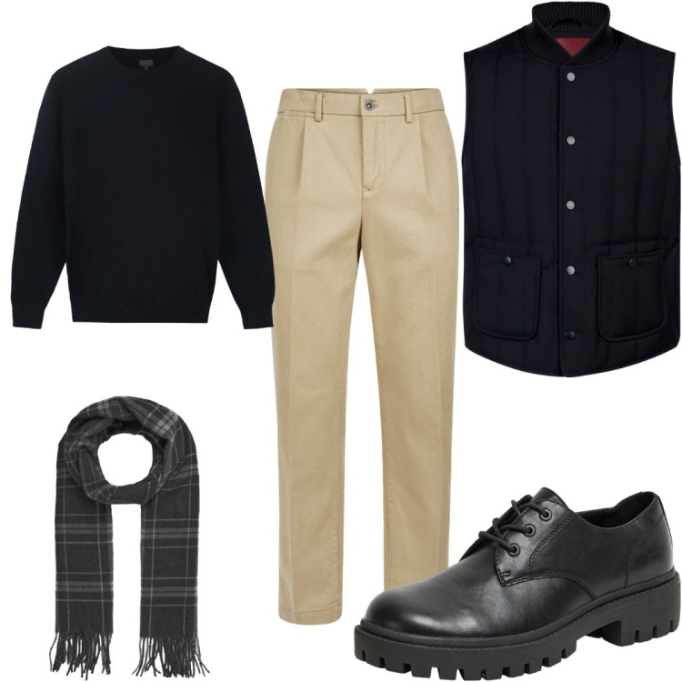 Outfit uomo - Total look #2267741. Stile Casual per Tutti i giorni. Abbinamento con scarpe stringate, sciarpe, pantaloni, piumini, maglieria.
