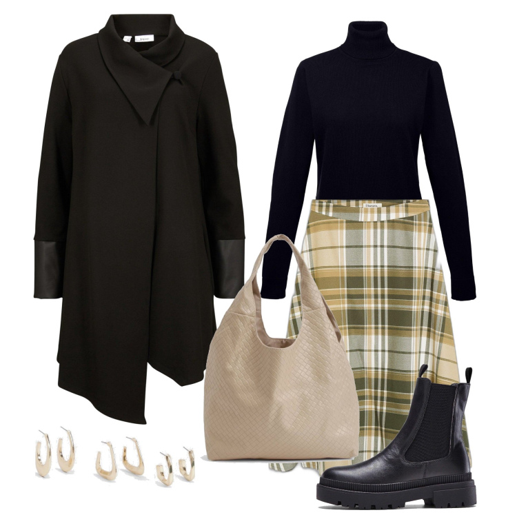 Outfit femme - Octobre. Style Casual chic pour Tous les jours. Assortir avec pulls, jupes au genou, boots, sweat-shirts, sacs tote, boucles d'oreilles.
