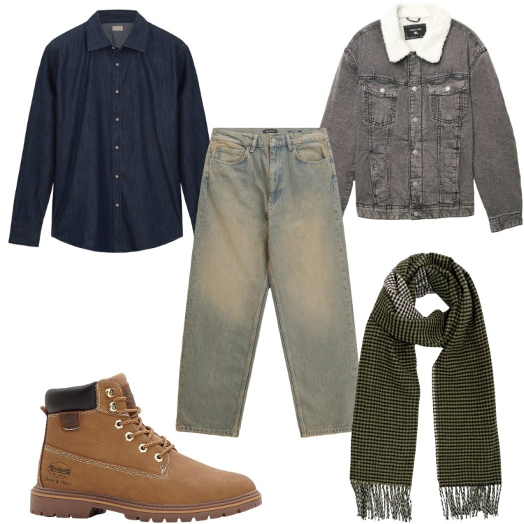 Outfit uomo - Total look #2267744. Stile Casual per Tutti i giorni. Abbinamento con stivali e stivaletti, cappotti, jeans, camicie, sciarpe.