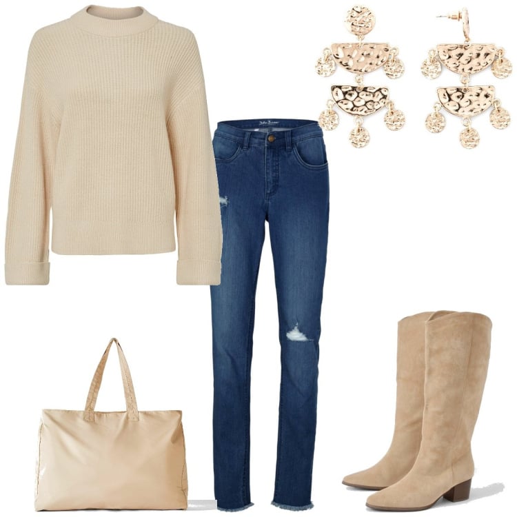 Outfit femme - Beige. Style Minimal pour Tous les jours. Assortir avec pulls, jean skinny, sac cabas, boucles d'oreilles, bottines.
