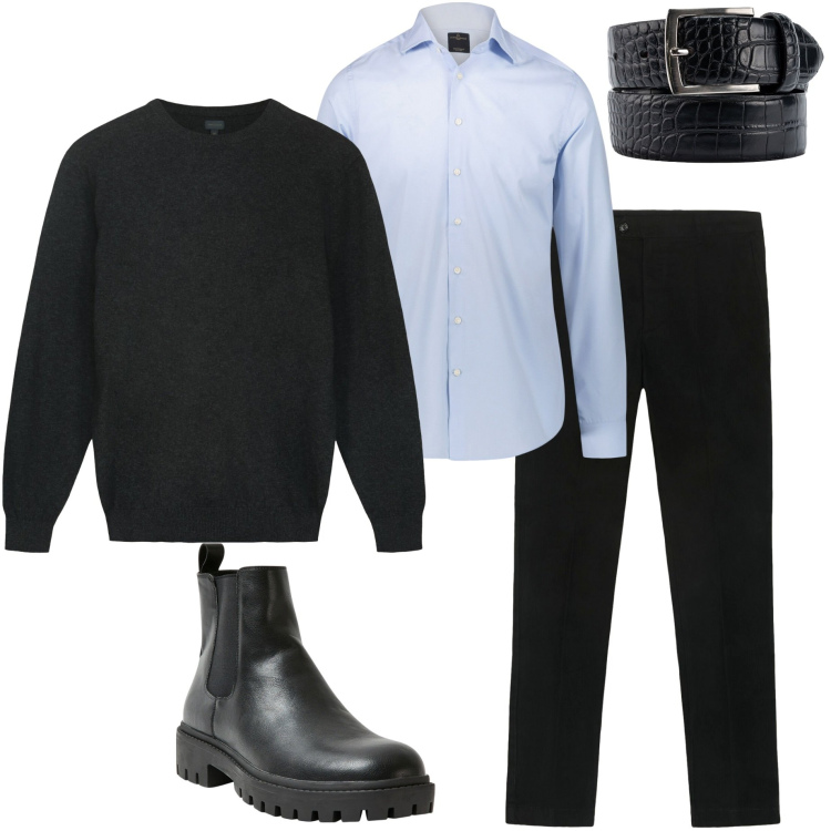 Outfit uomo - In ufficio. Stile Urban per Ufficio. Abbinamento con stivali e stivaletti, maglieria, pantaloni chino, camicie, cinture.