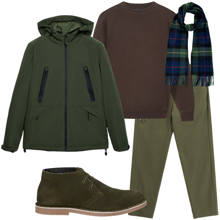 Outfit uomo - Sfumature di verde. Stile Urban per Tutti i giorni. Abbinamento con giacche, pantaloni, stivali e stivaletti, maglieria, sciarpe.